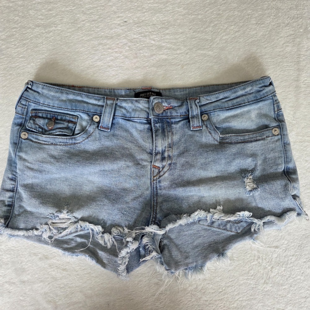 True Religion Joey Cut Off Low Rise Shorts Flip Pocket Raw Hem Sz 32